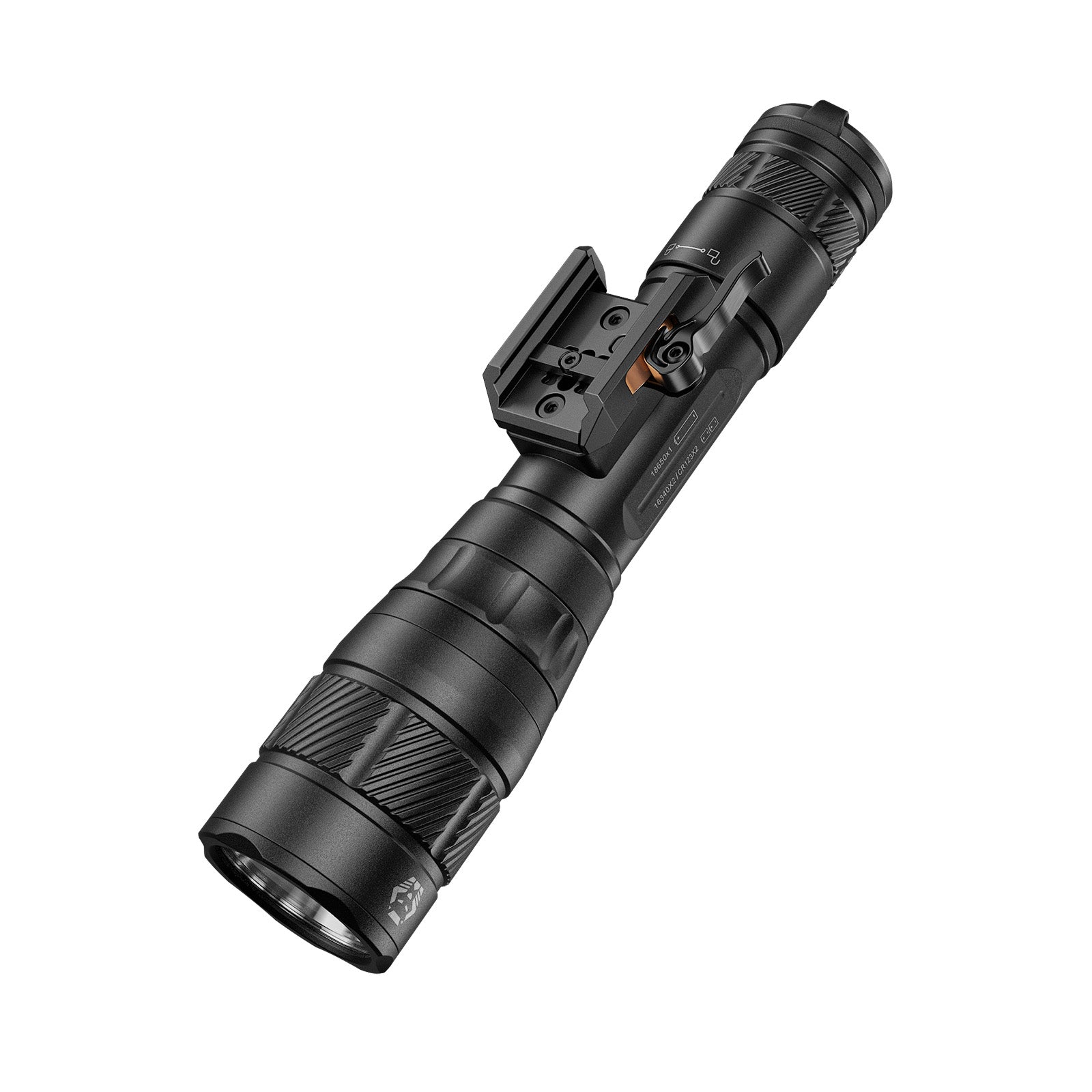 Image of Black flashlight with tactical design on a white background