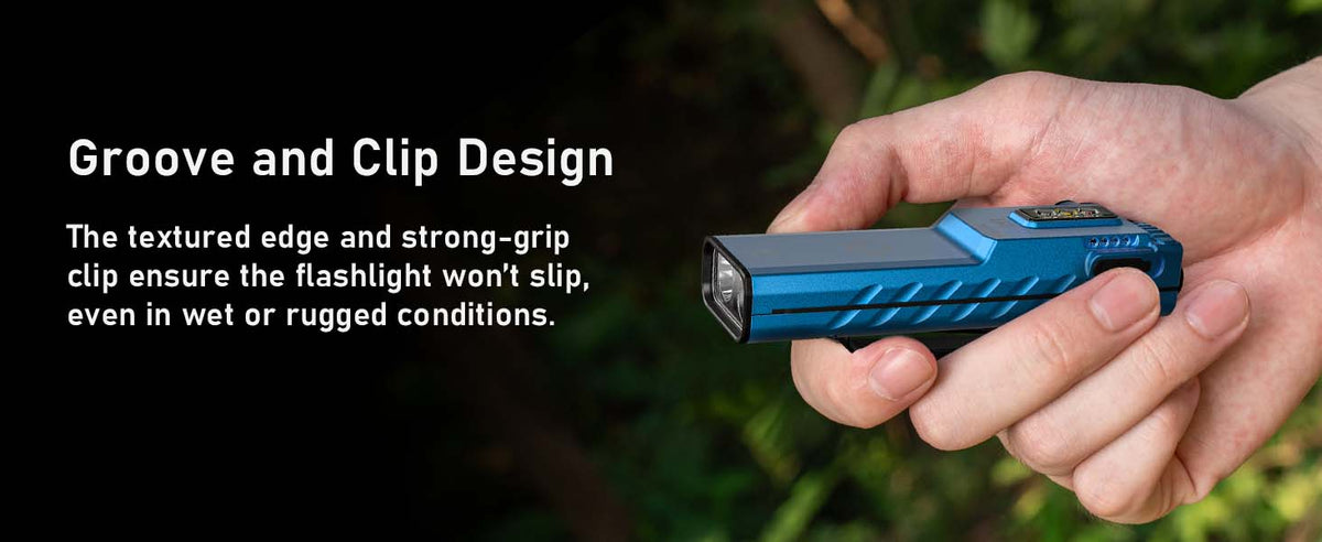 Palm-size E60 flat flashlight carried in a hand