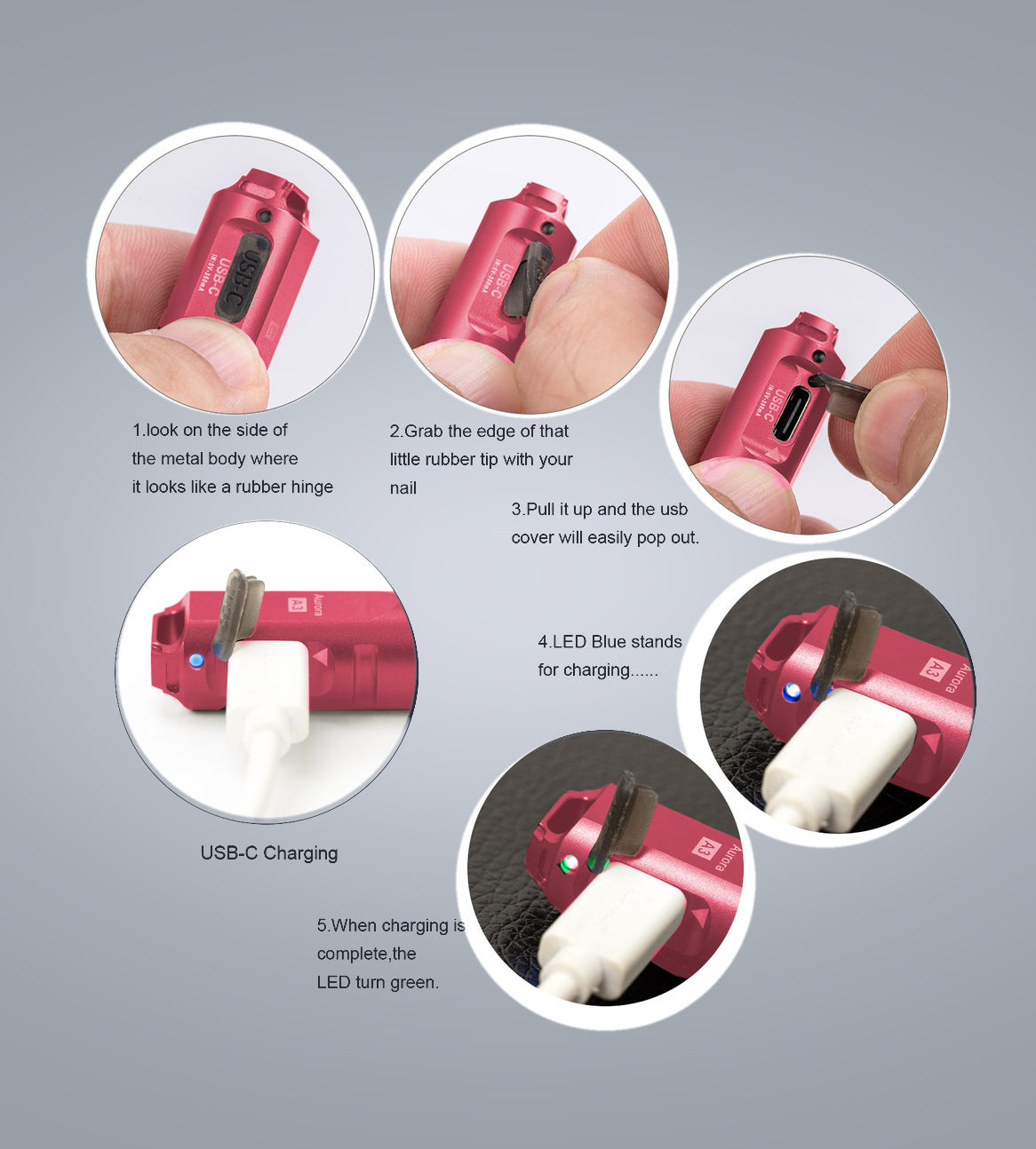 Image of (Red) RovyVon Aurora A3 G4 flashlight USB-C charging guide
