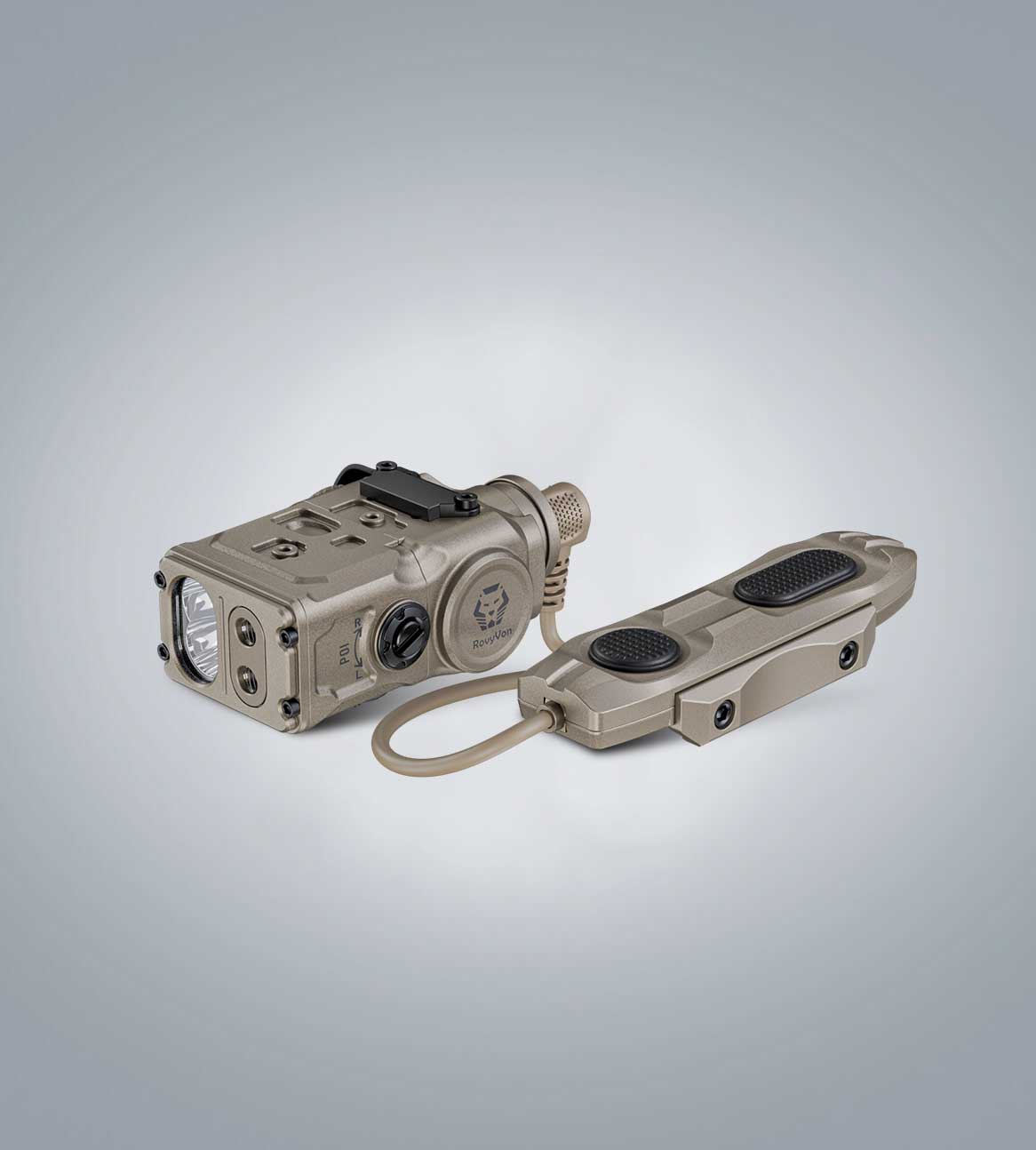 (Desert Tan) RovyVon GL15 three-quarter front view with remote switch, front emitters, and side controls