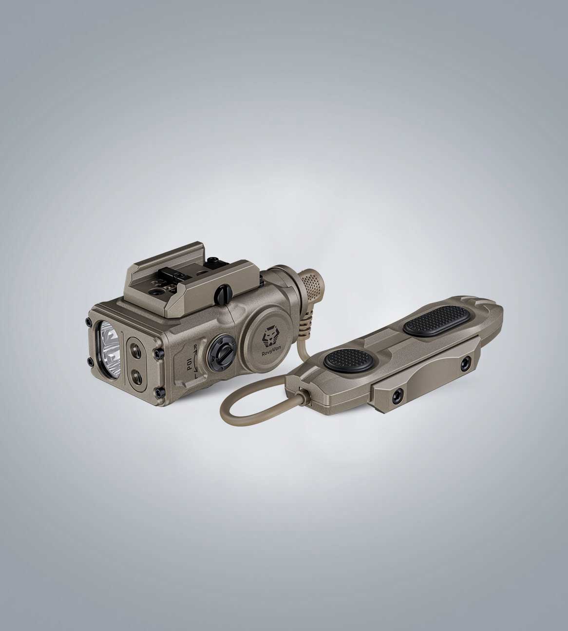 (Desert Tan) RovyVon GL15 side view with remote switch, battery cap, and compact rail-mounted housing