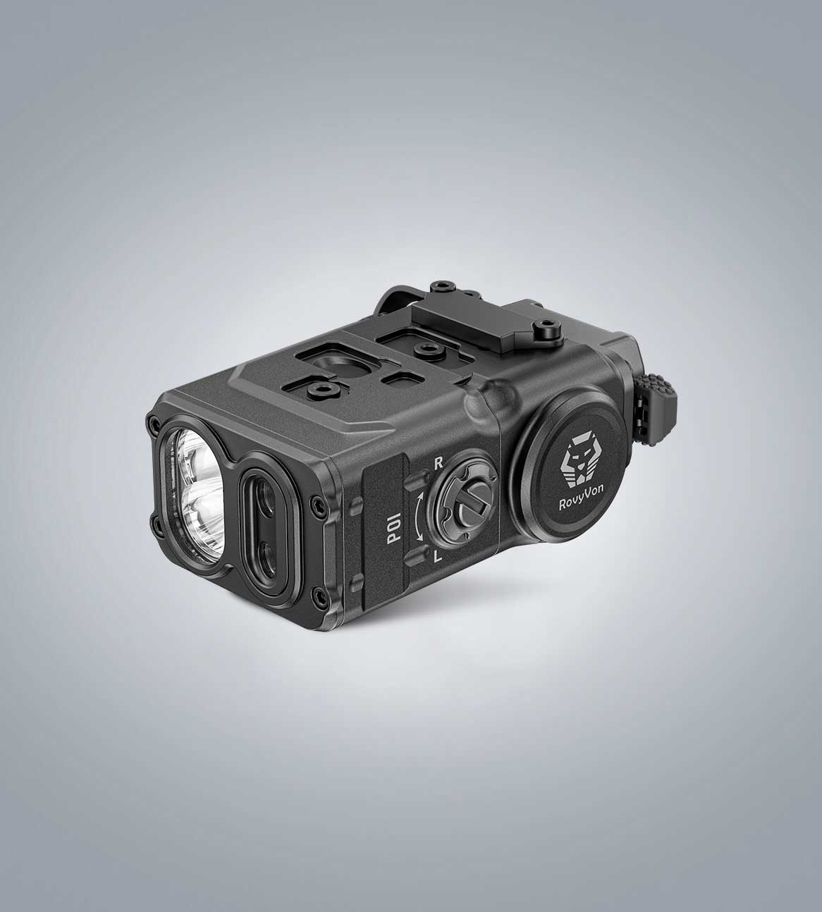 Image of (Black) RovyVon GL5 Pro three-quarter front view showing the white-light head, front apertures, and side control dial