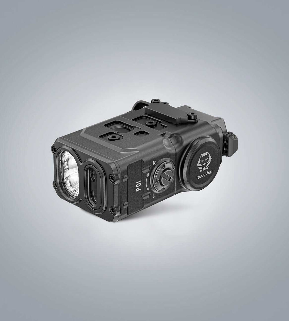(Black) RovyVon GL5 Pro three-quarter front view showing the white-light head, front apertures, and side control dial