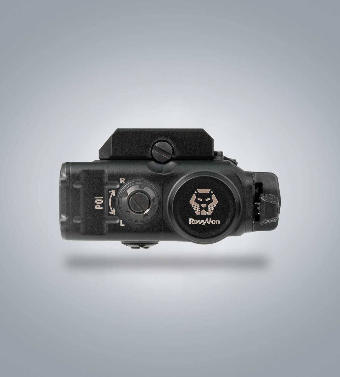 Image of (Black) RovyVon GL5 Pro side view showing the mode selector dial, battery cap, and compact rail-mounted body