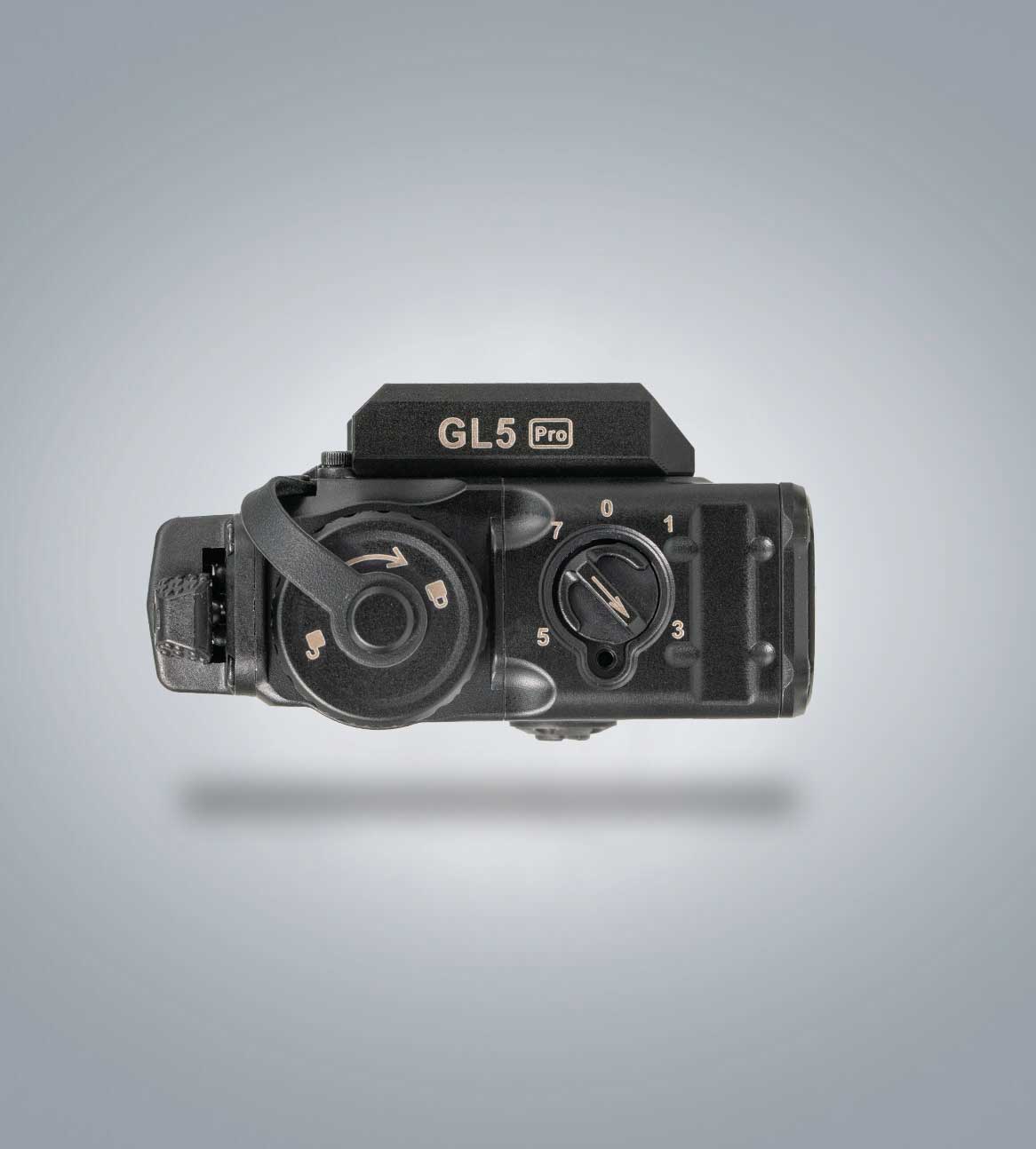 Image of (Black) RovyVon GL5 Pro top view showing the dual control dials, model markings, and upper rail interface