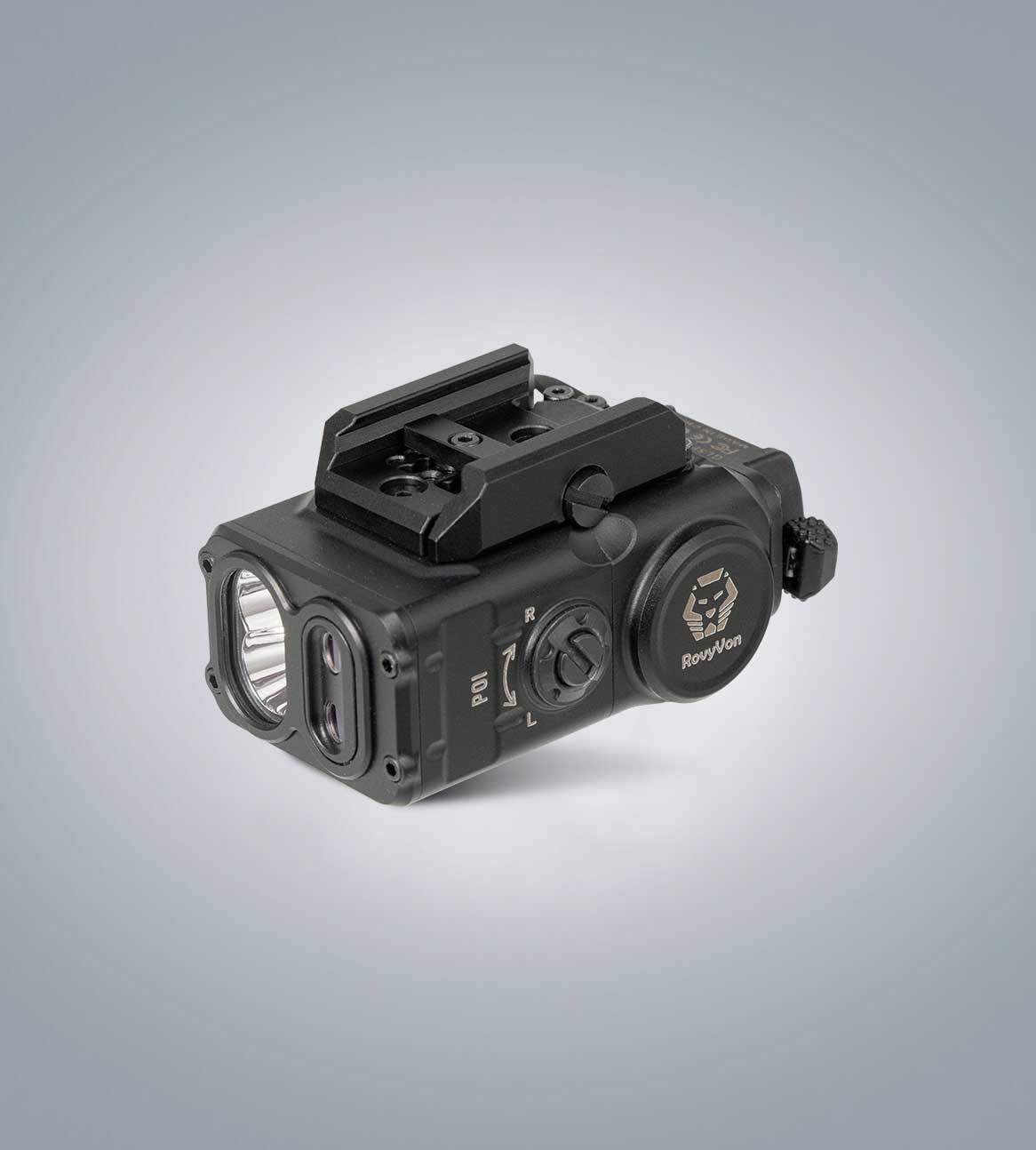 (Black) RovyVon GL5 Pro three-quarter view showing the upper rail mount, front light head, and side controls