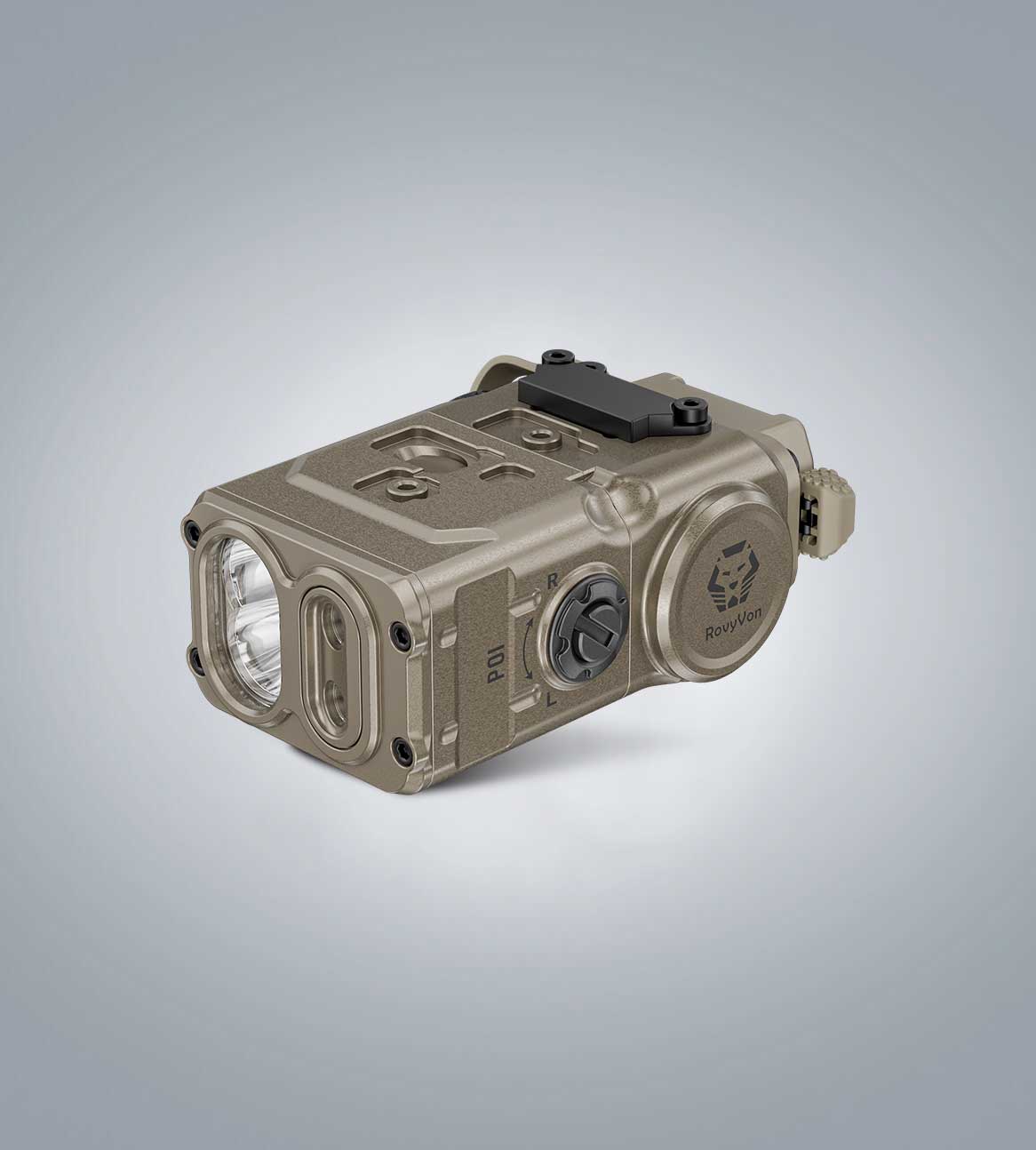 (Desert Tan) RovyVon GL5 Pro three-quarter front view showing the white-light head and side control dial