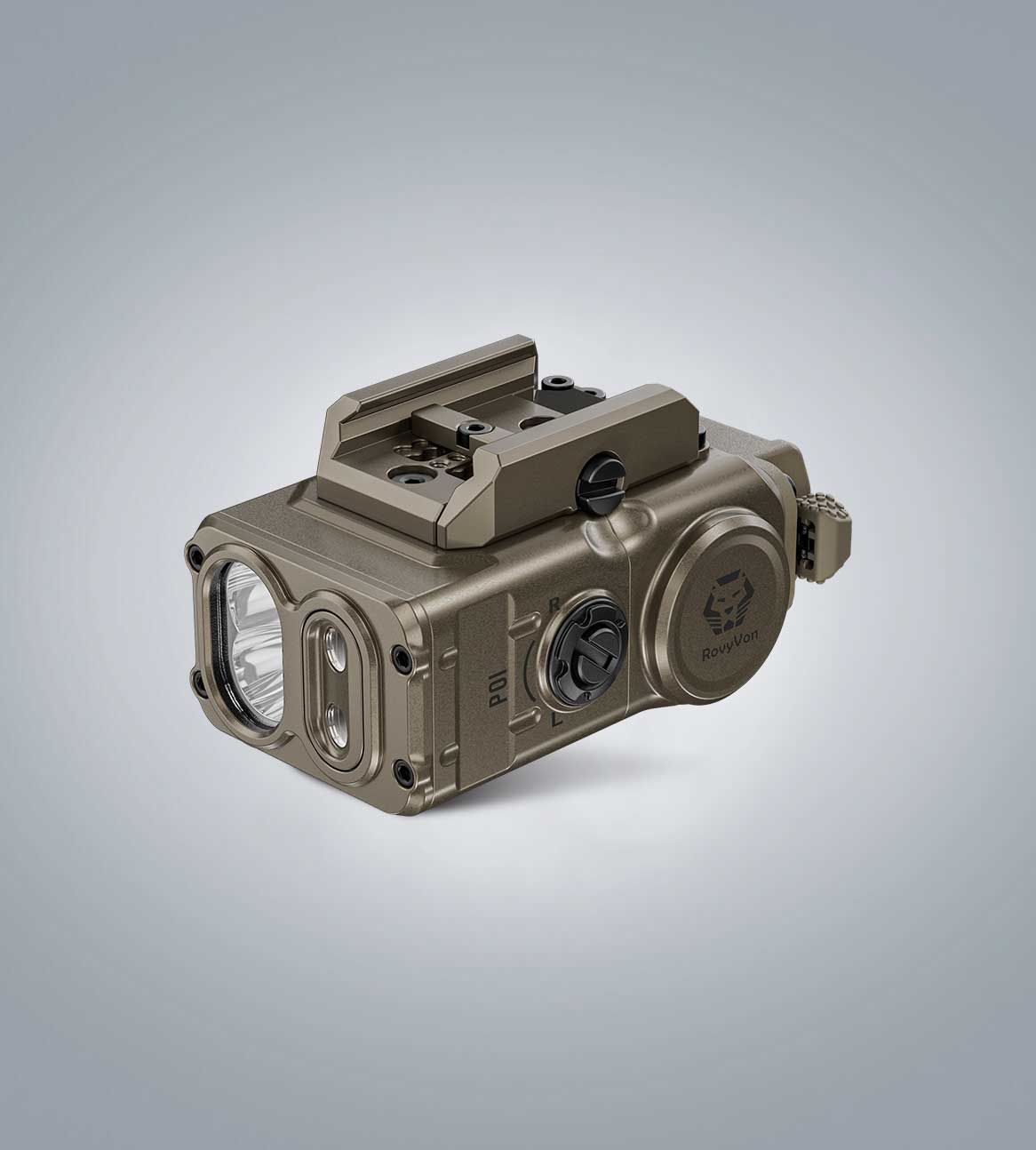 Image of (Desert Tan) RovyVon GL5 Pro three-quarter view showing the rail mount, front light head, and side controls
