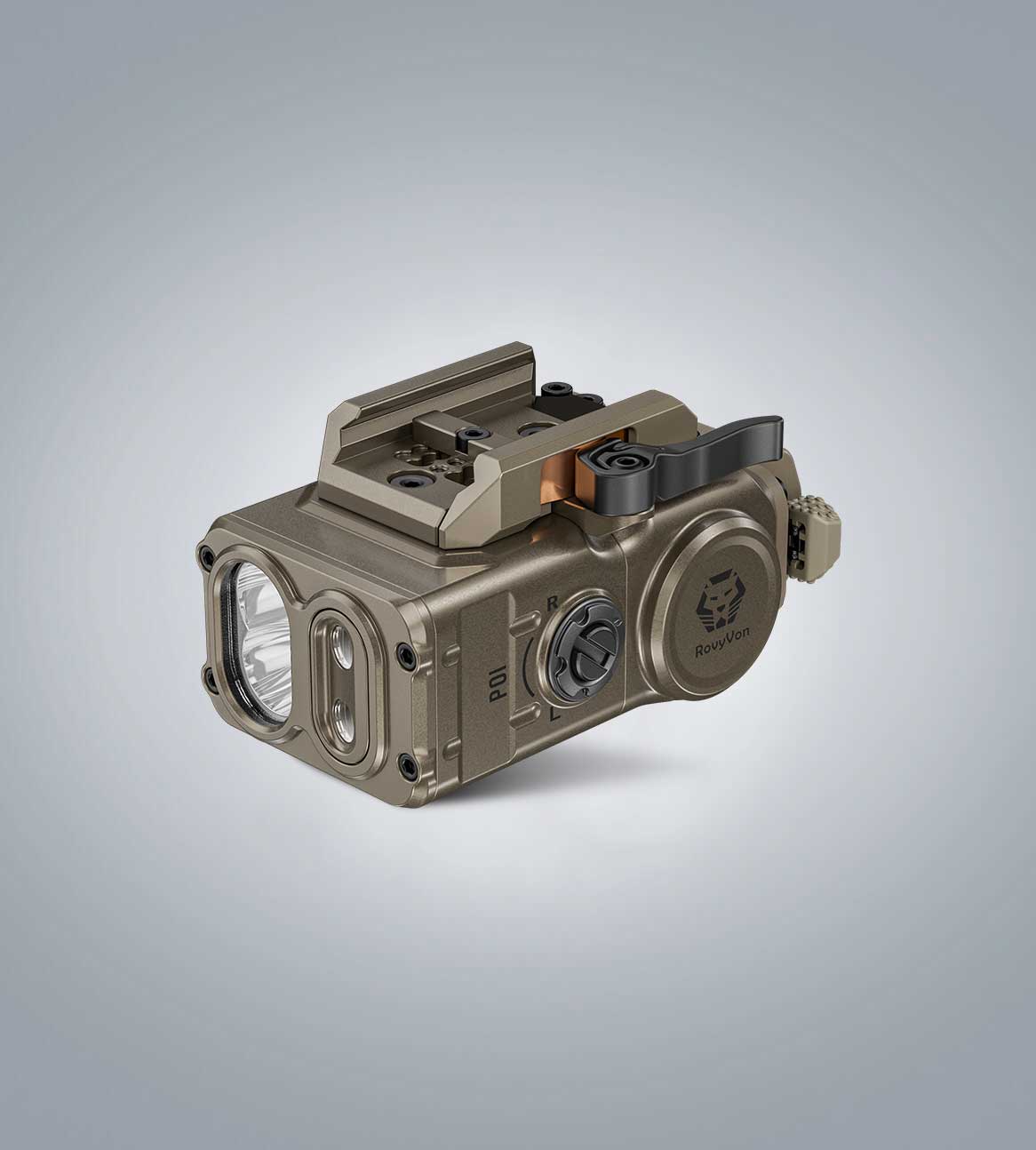 (Desert Tan) RovyVon GL5 Pro three-quarter view showing the upper rail interface, side control dial, and battery cap