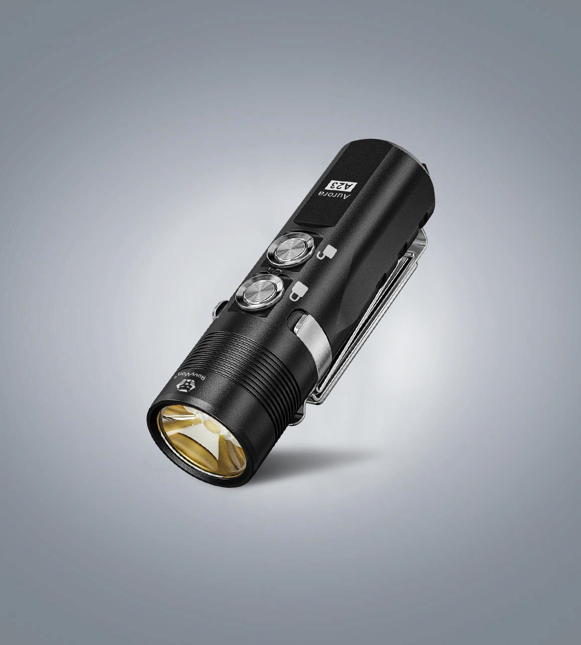 Image of RovyVon Aurora A23 G2 black compact EDC flashlight three-quarter front view