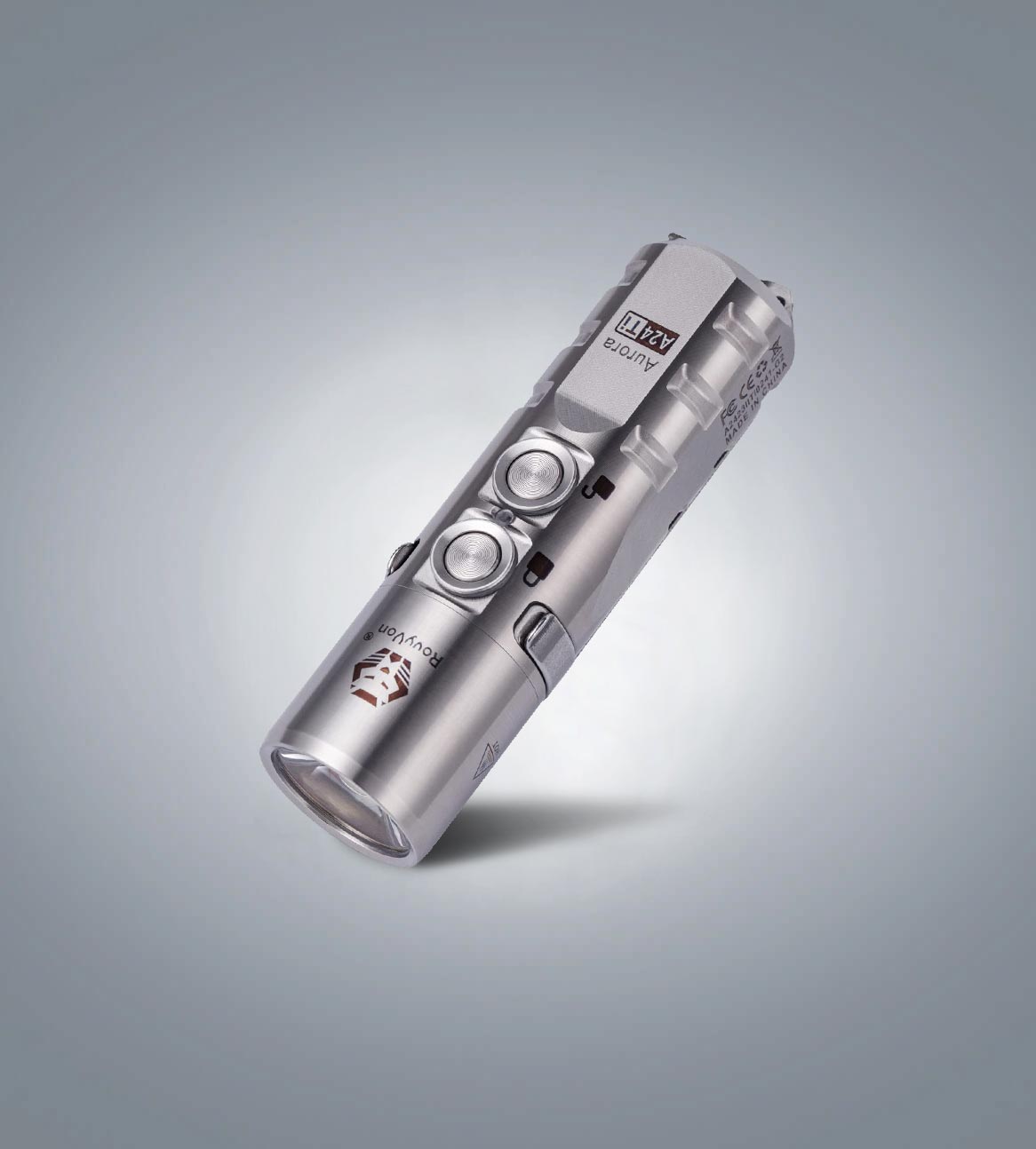 RovyVon Aurora A24 G2 titanium EDC flashlight three-quarter front view