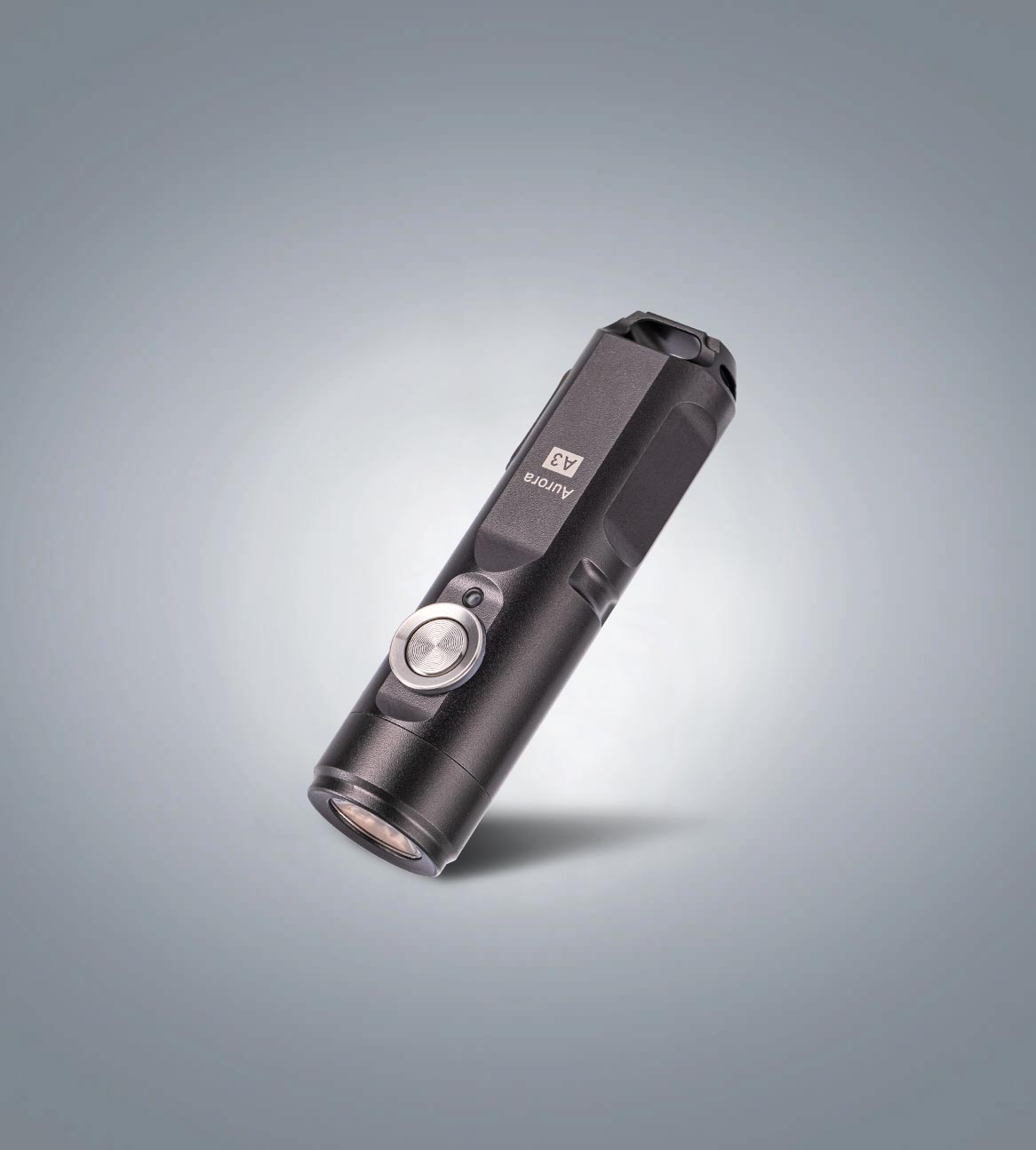 Image of (Gunmetal) RovyVon Aurora A3 G4 keychain flashlight three-quarter front view