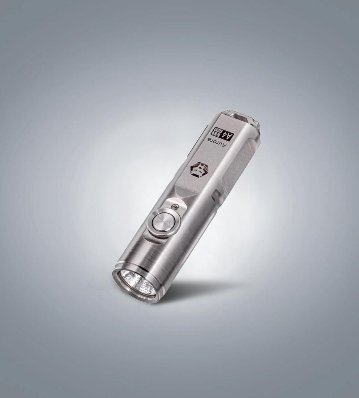 Image of RovyVon Aurora A4 Pro titanium keychain flashlight three-quarter front view