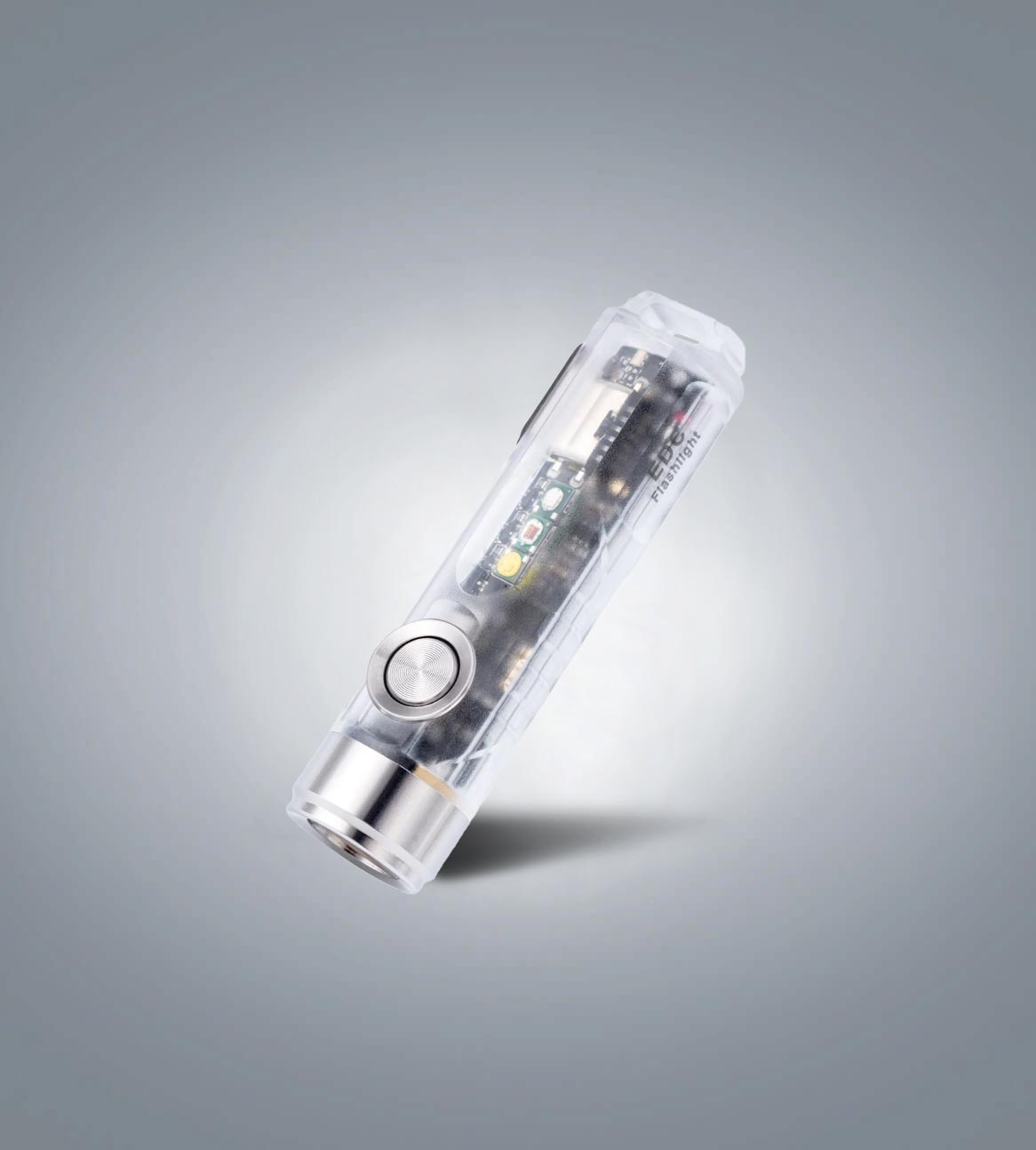 Image of RovyVon Aurora A8 keychain flashlight with translucent body and sidelights three-quarter front view
