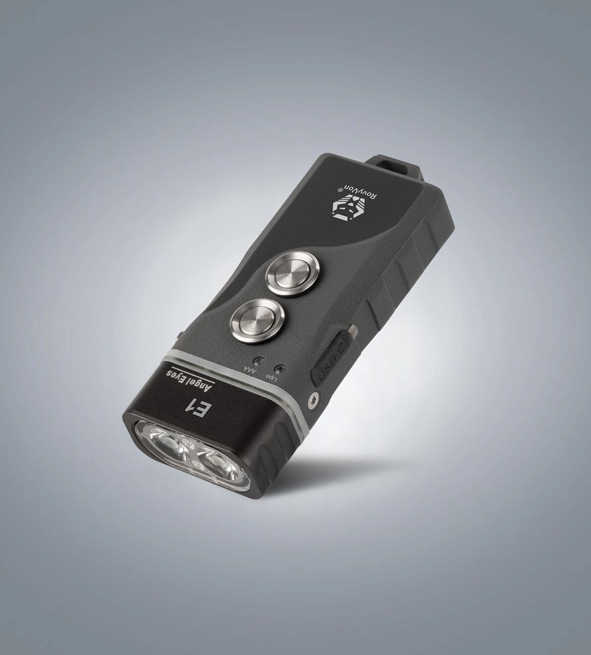 (Black) RovyVon Angel Eyes E1 hybrid keychain flashlight three-quarter front view