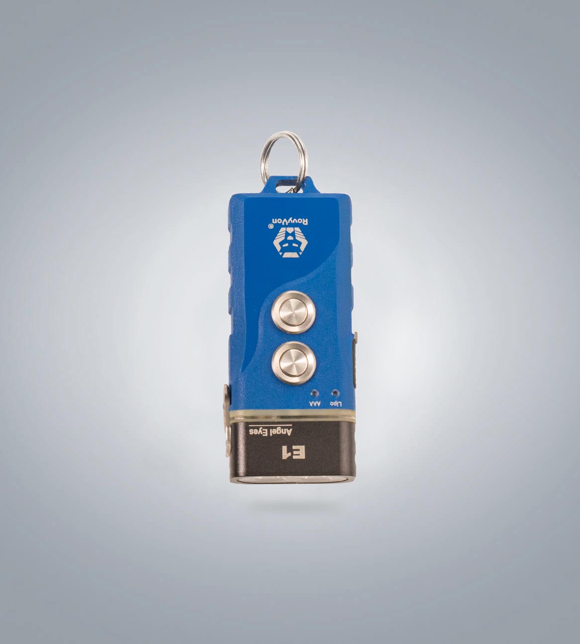 Image of (Blue) RovyVon Angel Eyes E1 hybrid keychain flashlight front view showing the dual-button interface