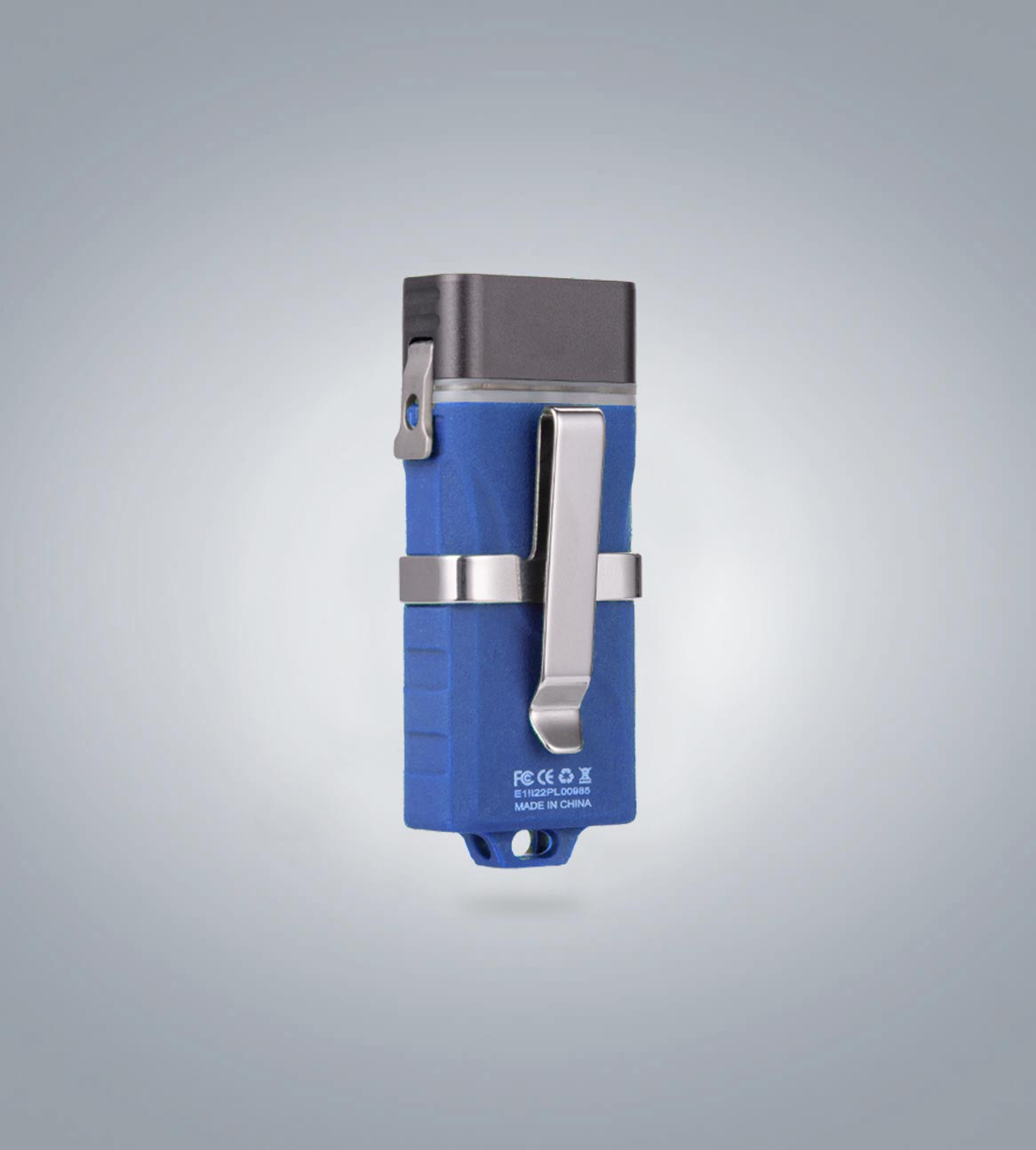 (Blue) RovyVon Angel Eyes E1 hybrid keychain flashlight rear view showing the clip and battery compartment
