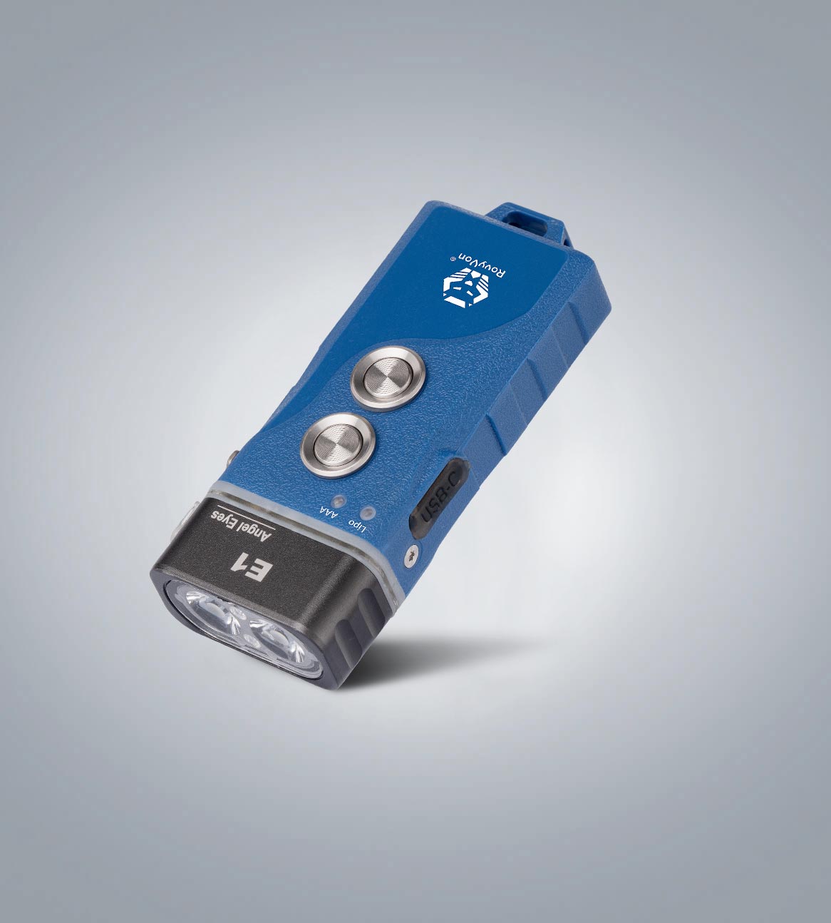 Image of (Blue) RovyVon Angel Eyes E1 hybrid keychain flashlight three-quarter front view