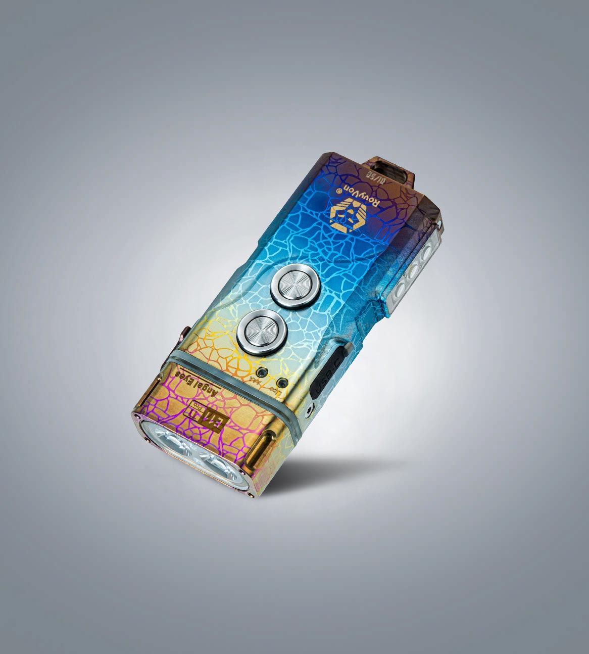 Image of RovyVon Angel Eyes E11 Pro hybrid keychain flashlight with colorful titanium finish three-quarter front view