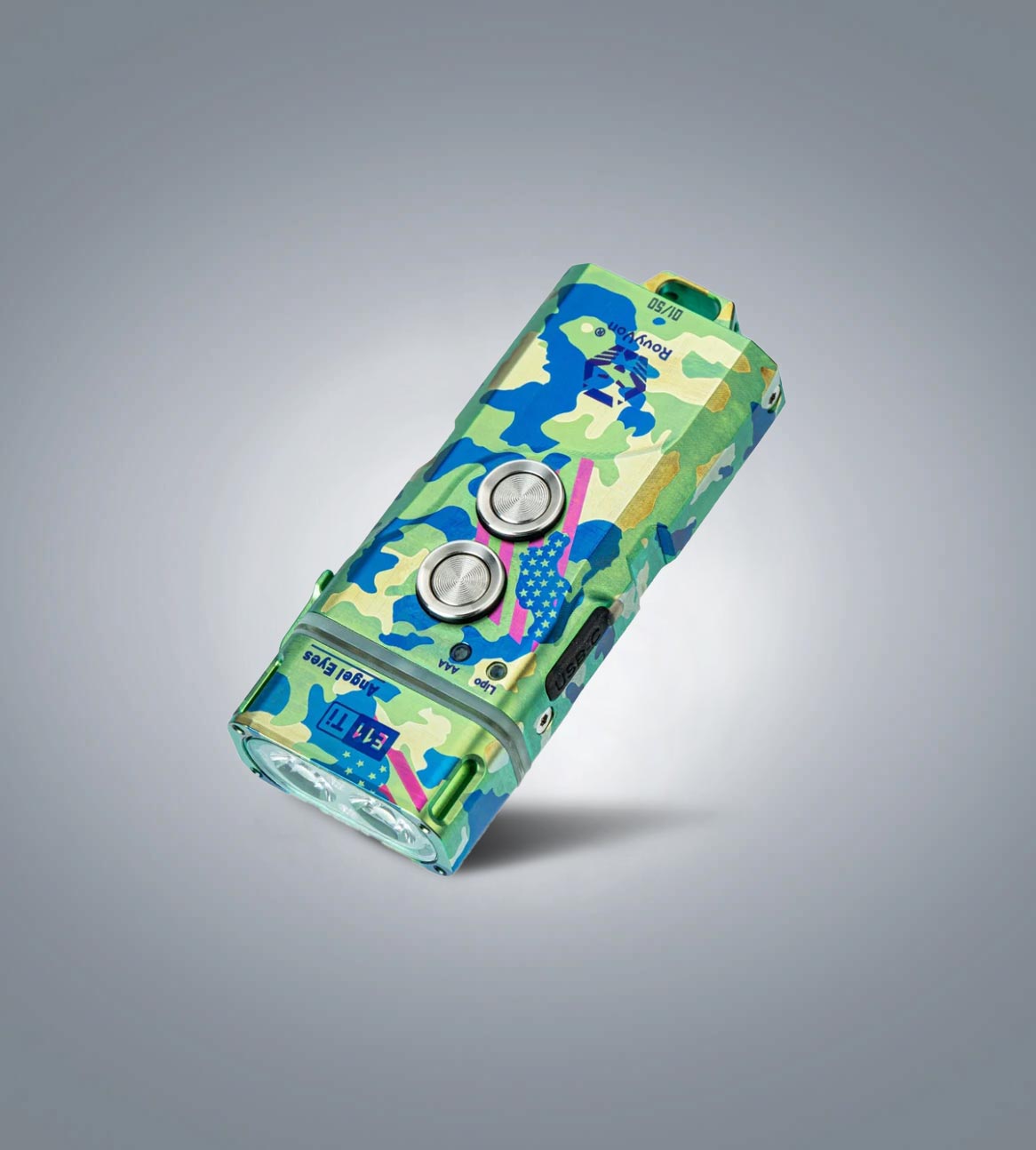 Image of RovyVon Angel Eyes E11 titanium keychain flashlight with colorful finish three-quarter front view