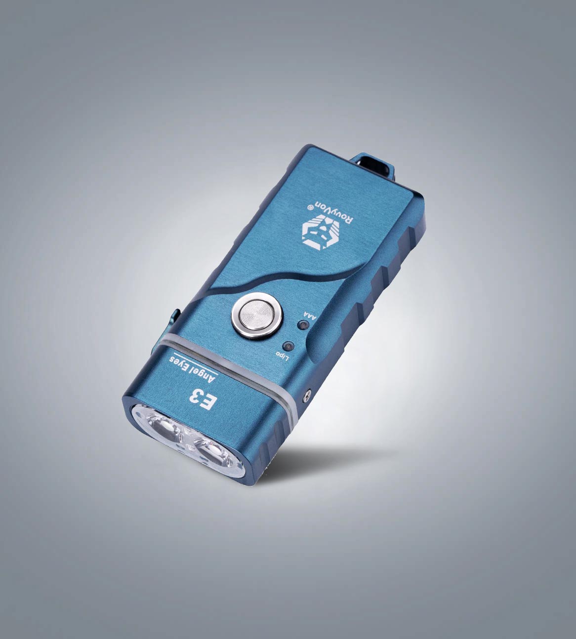 Image of (Blue) RovyVon Angel Eyes E3 hybrid keychain flashlight three-quarter front view