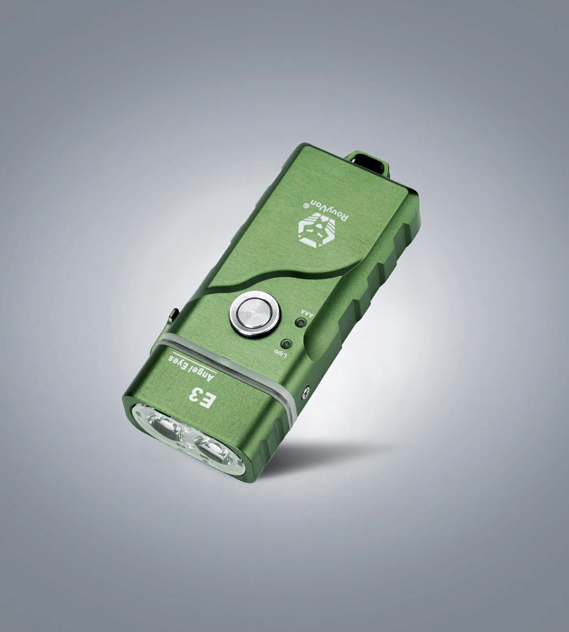 Image of (Green) RovyVon Angel Eyes E3 hybrid keychain flashlight three-quarter front view
