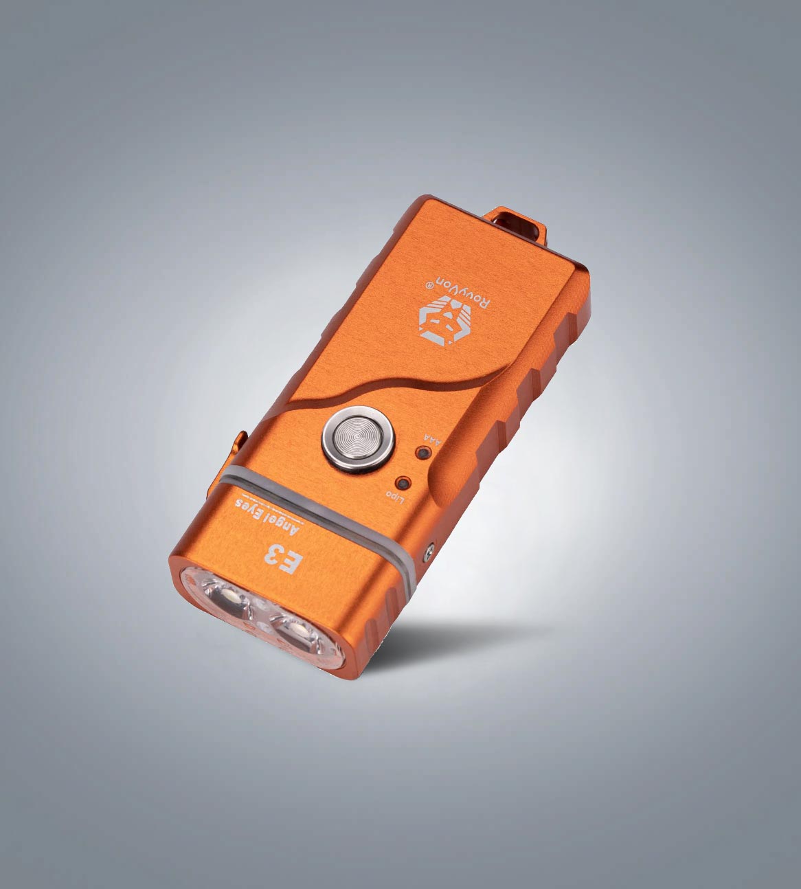 Image of (Orange) RovyVon Angel Eyes E3 hybrid keychain flashlight three-quarter front view