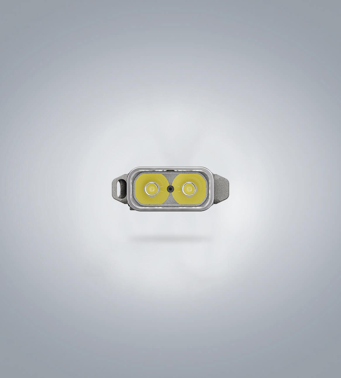 Image of RovyVon Angel Eyes E30 flat EDC flashlight front-head view showing the dual emitters