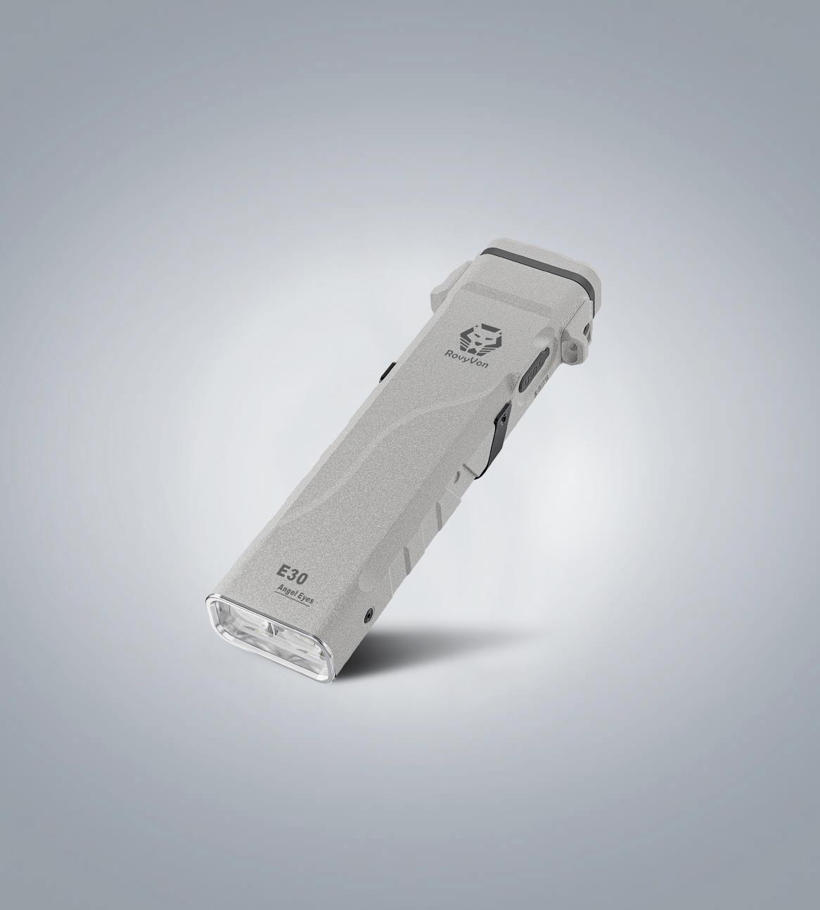 Image of RovyVon Angel Eyes E30 flat EDC flashlight three-quarter front view