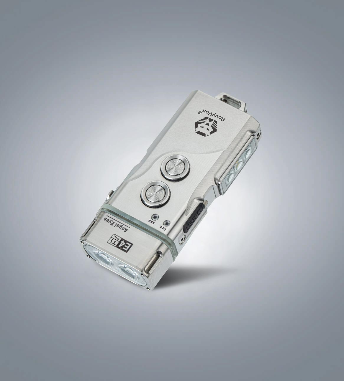 Image of RovyVon Angel Eyes E4 Pro titanium keychain flashlight three-quarter front view