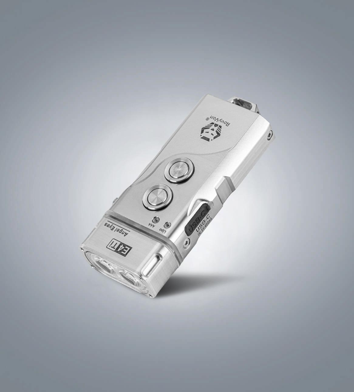 Image of RovyVon Angel Eyes E4 titanium hybrid keychain flashlight three-quarter front view