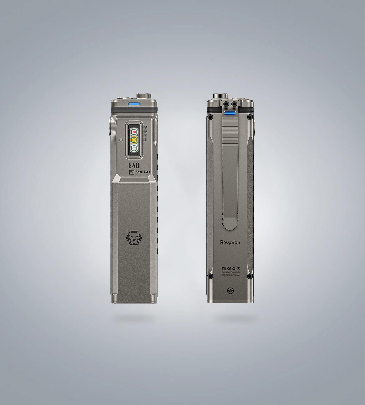 RovyVon Angel Eyes E40 titanium flat EDC flashlight shown with blue tritium-slot configuration