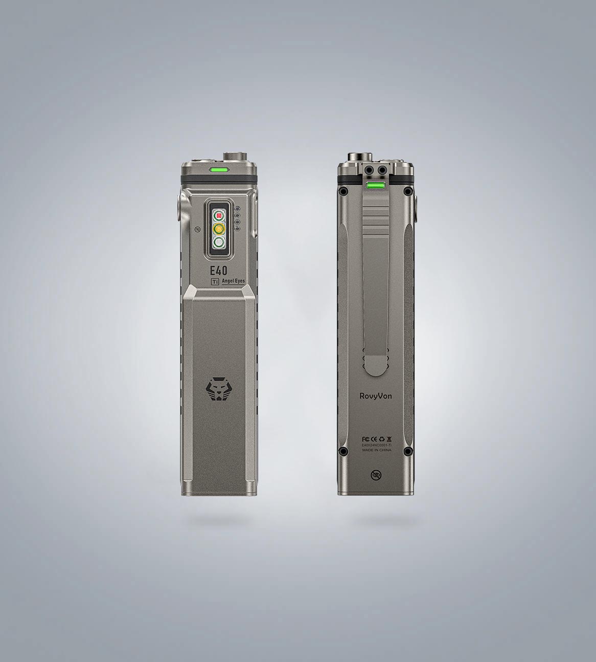 RovyVon Angel Eyes E40 titanium flat EDC flashlight shown with green tritium-slot configuration