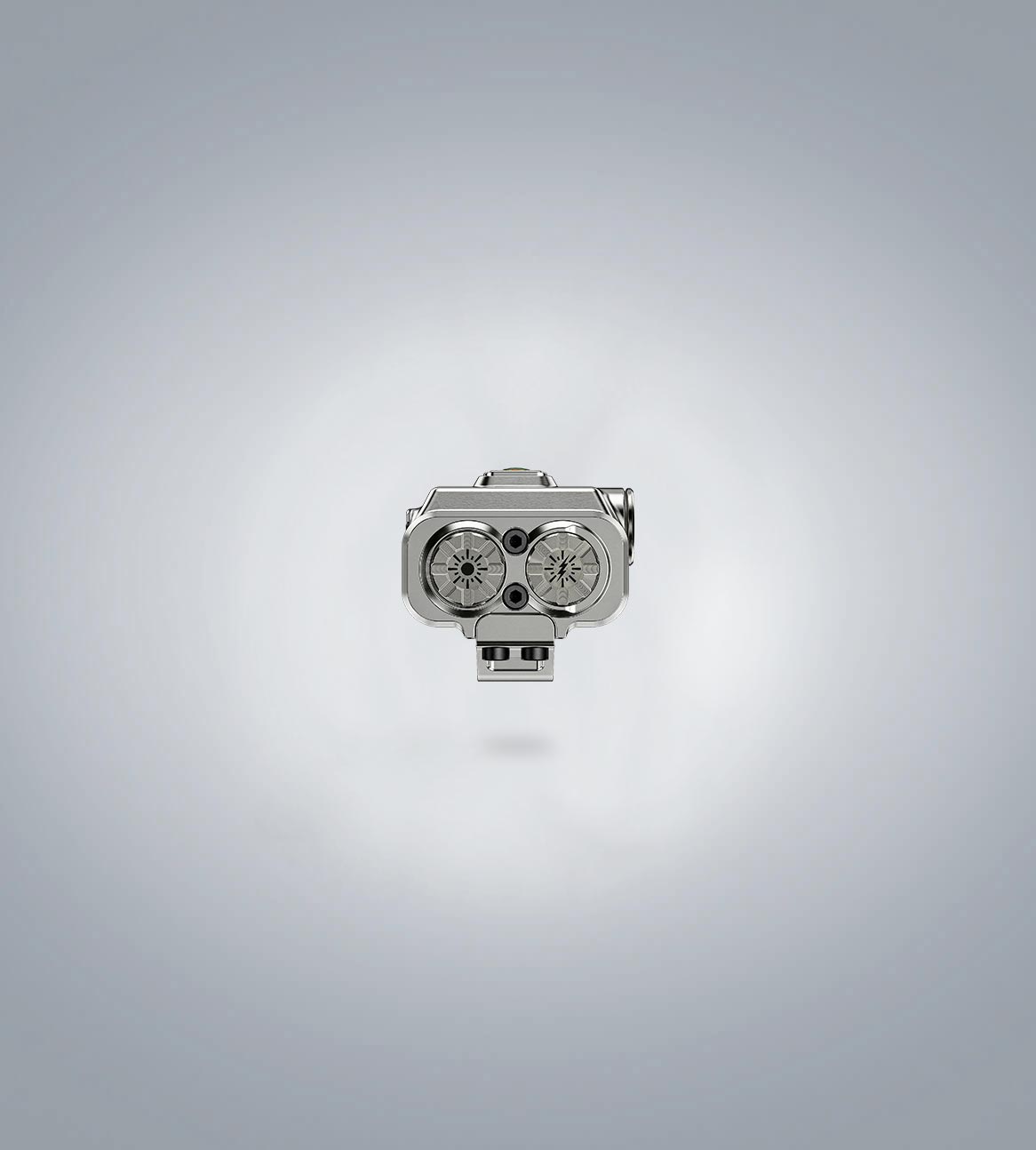 Image of RovyVon Angel Eyes E40 titanium flat EDC flashlight front-head view showing the dual emitters
