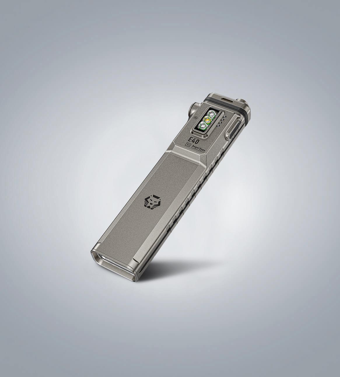 RovyVon Angel Eyes E40 matte titanium flat EDC flashlight three-quarter front view