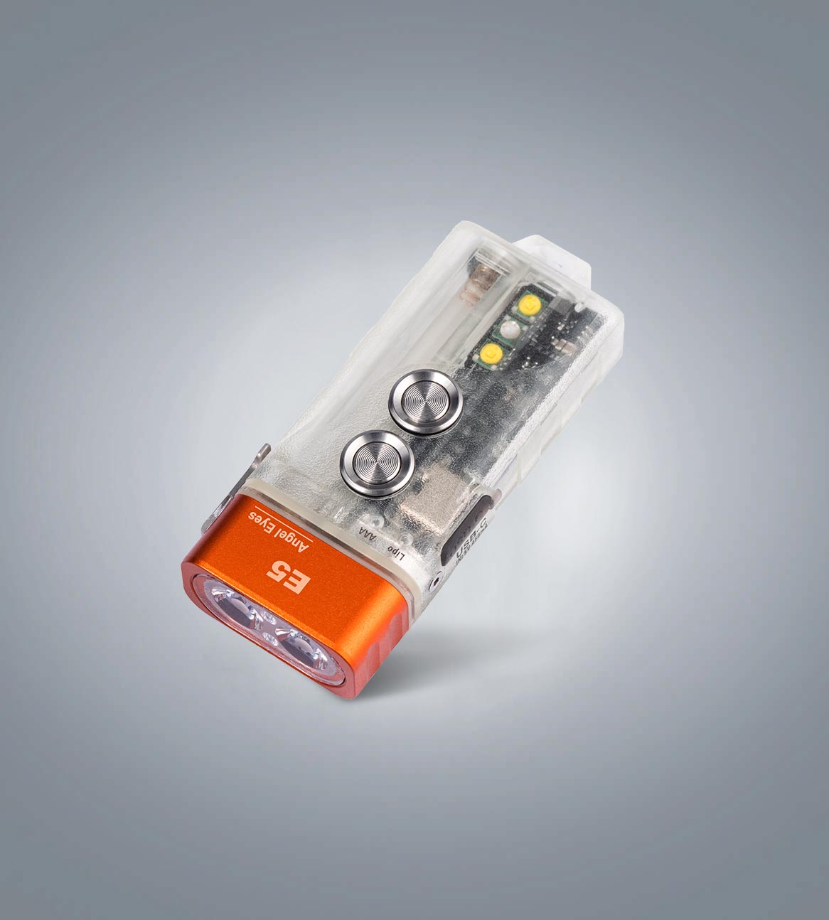 Image of RovyVon Angel Eyes E5 GITD hybrid keychain flashlight with warm-white and UV side-light configuration