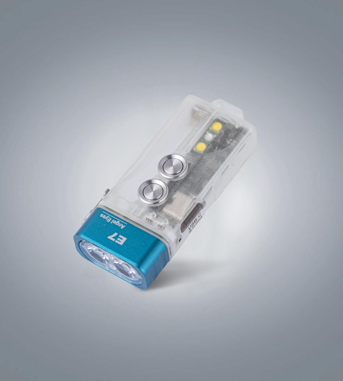 RovyVon Angel Eyes E7 blue GITD keychain flashlight with warm-white and UV side-light configuration