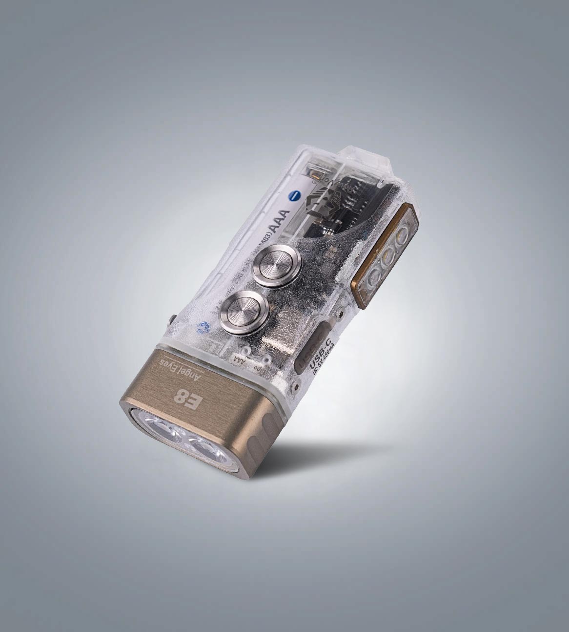 RovyVon Angel Eyes E8 hybrid keychain flashlight with translucent body three-quarter front view