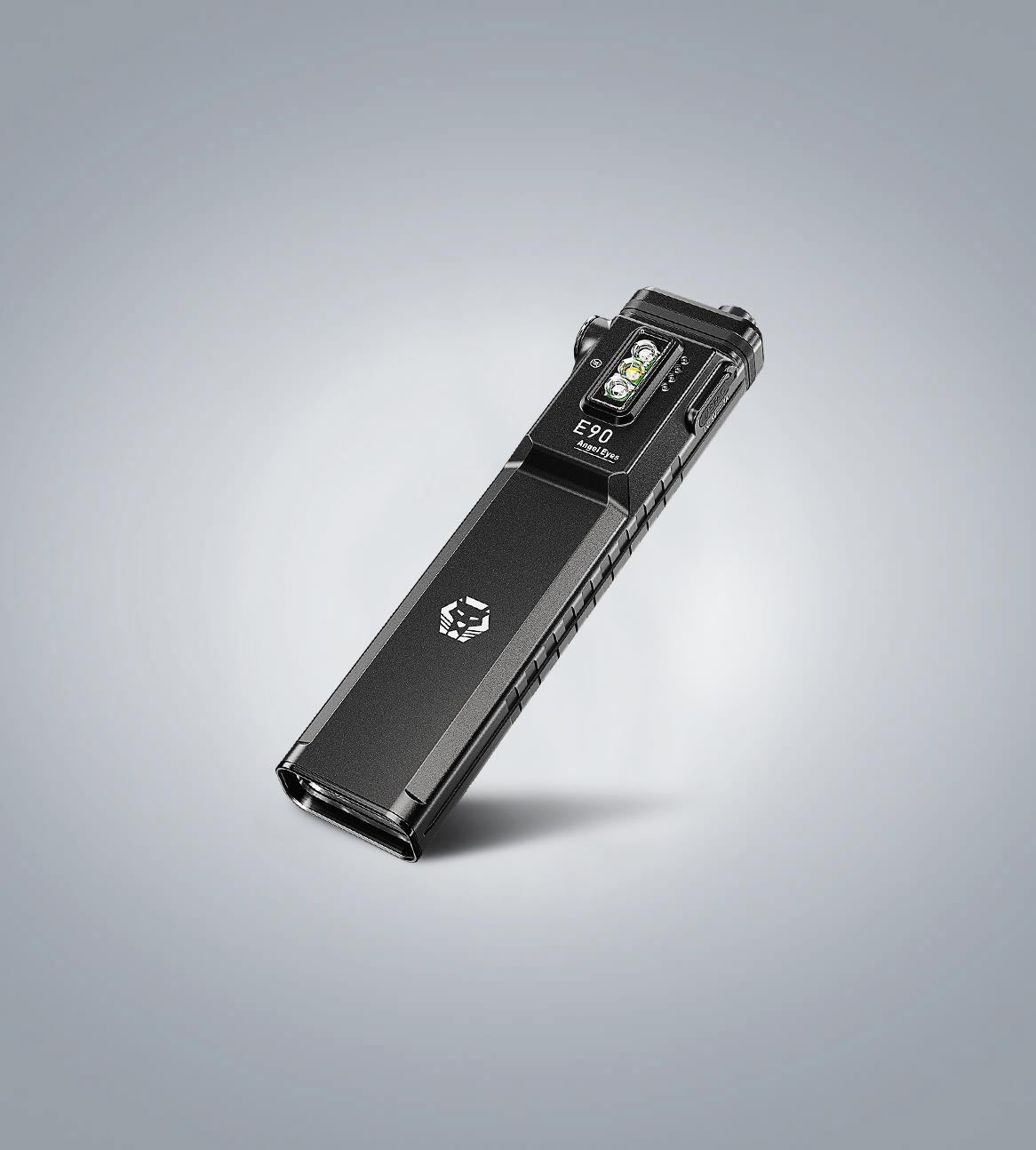 Image of (Black) RovyVon Angel Eyes E90 flat EDC flashlight three-quarter front view