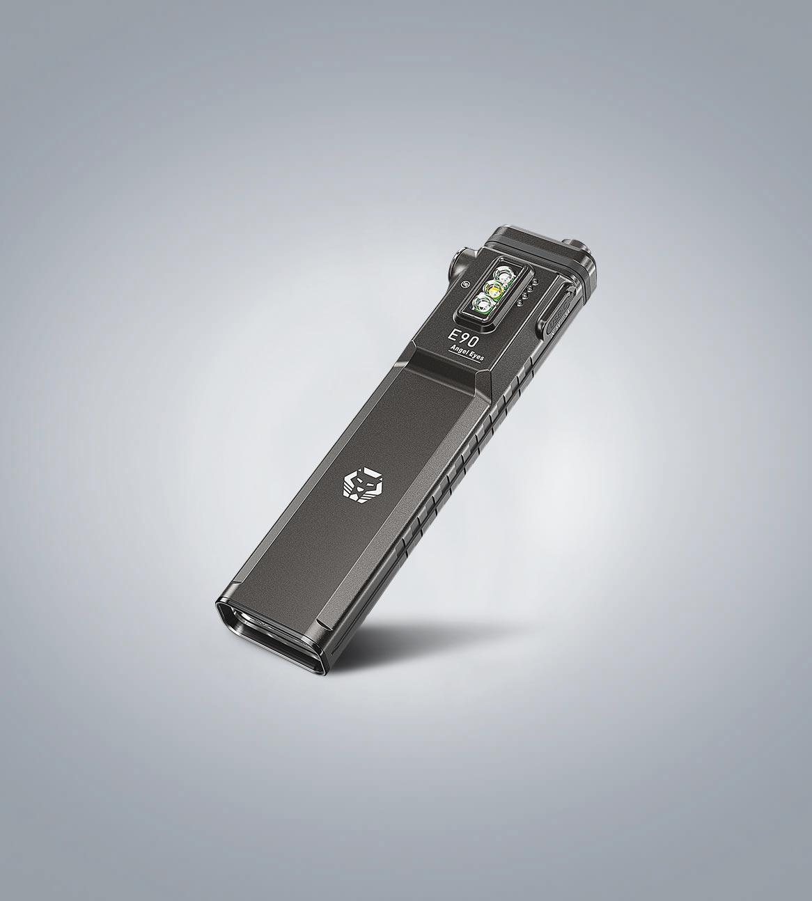 Image of (Gunmetal) RovyVon Angel Eyes E90 flat EDC flashlight three-quarter front view