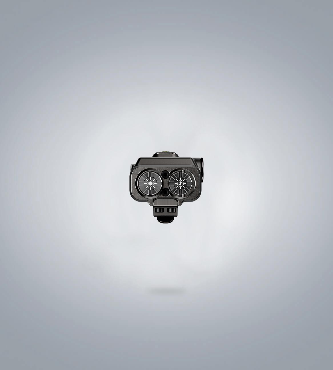 Image of RovyVon Angel Eyes E90 flat EDC flashlight front-head view showing the dual emitters