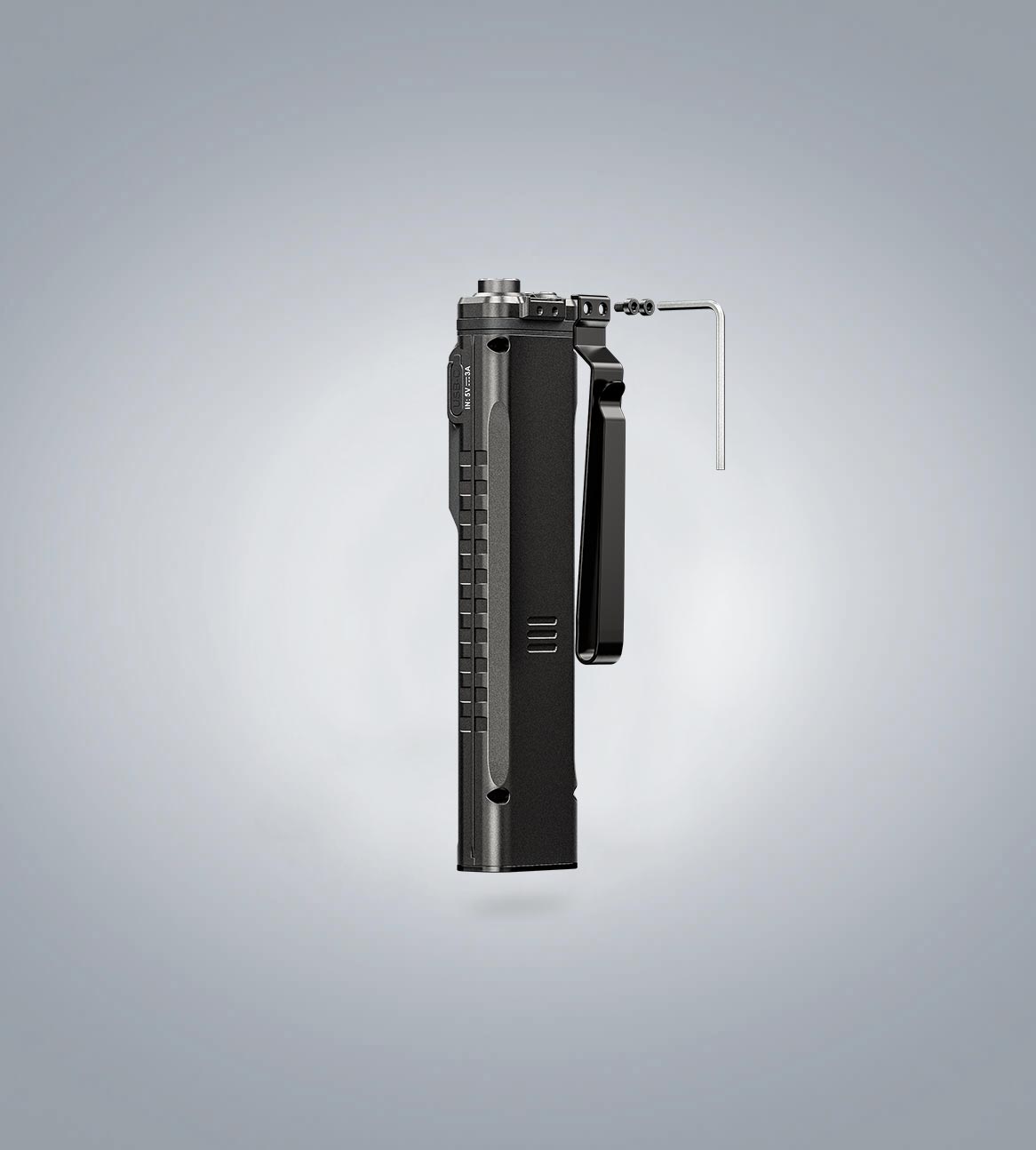 Image of RovyVon Angel Eyes E90 flat EDC flashlight rear view showing the pocket clip and back panel