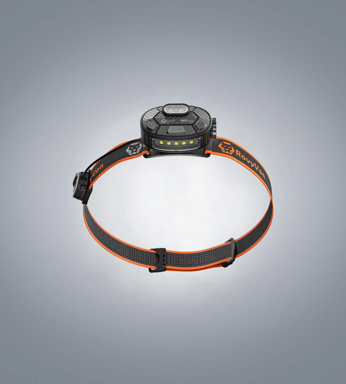 Image of RovyVon HM10 adjustable AA battery headlamp front view mounted on the orange-and-black headband