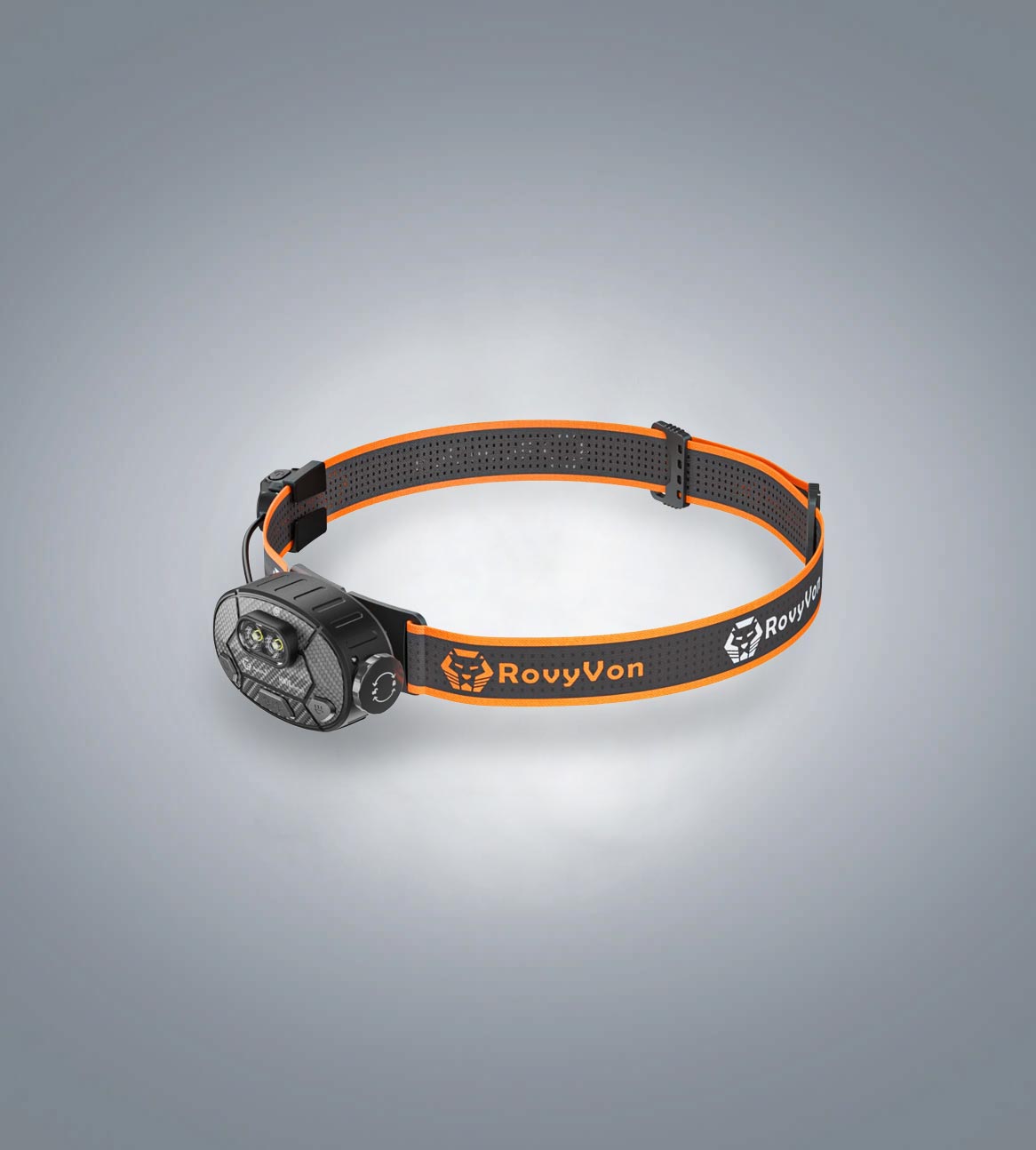 Image of RovyVon HM10 adjustable AA battery headlamp three-quarter view on the orange-and-black headband
