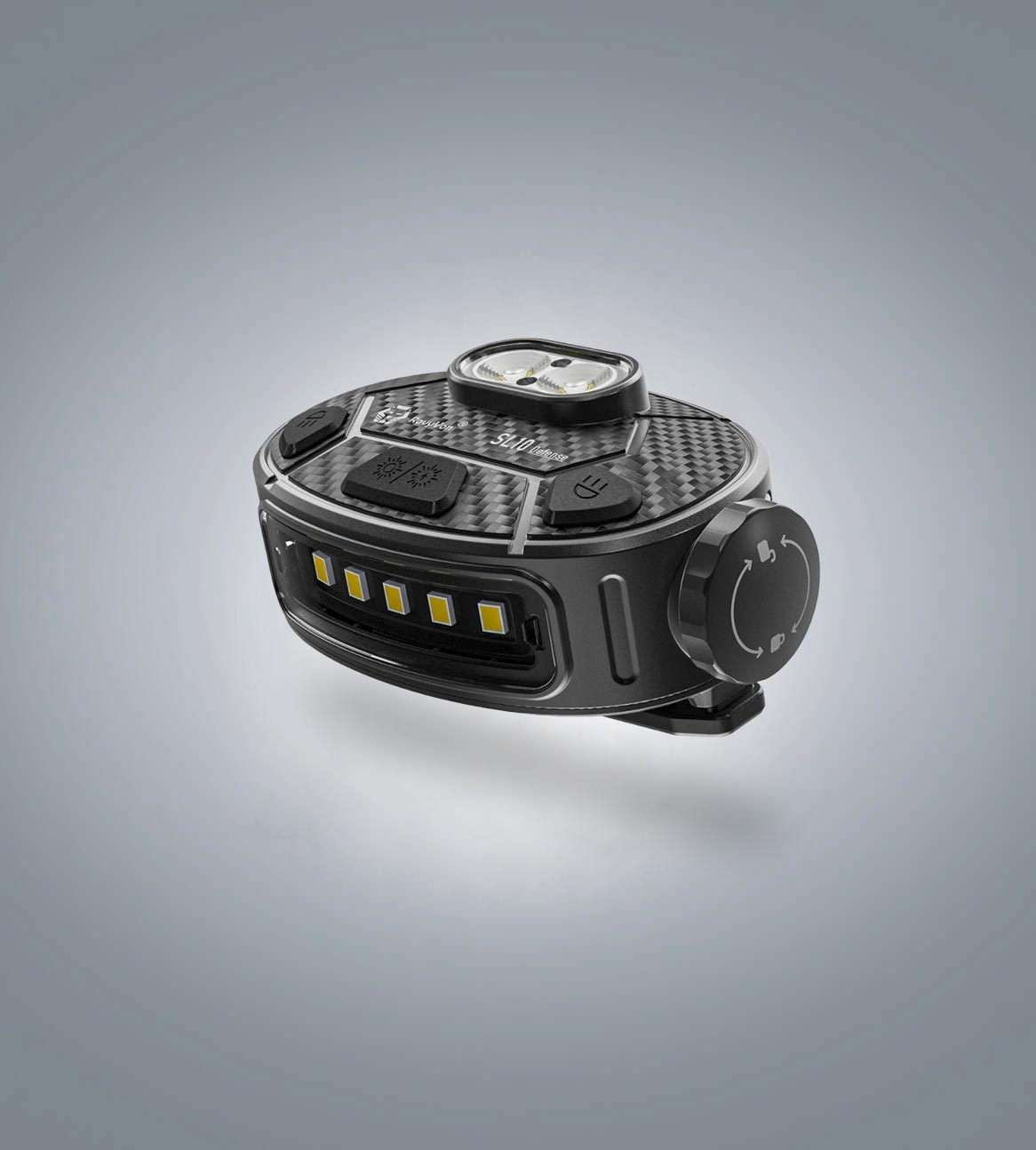 Image of RovyVon SL10 clip-on safety flashlight three-quarter view showing the control dial and side light panel